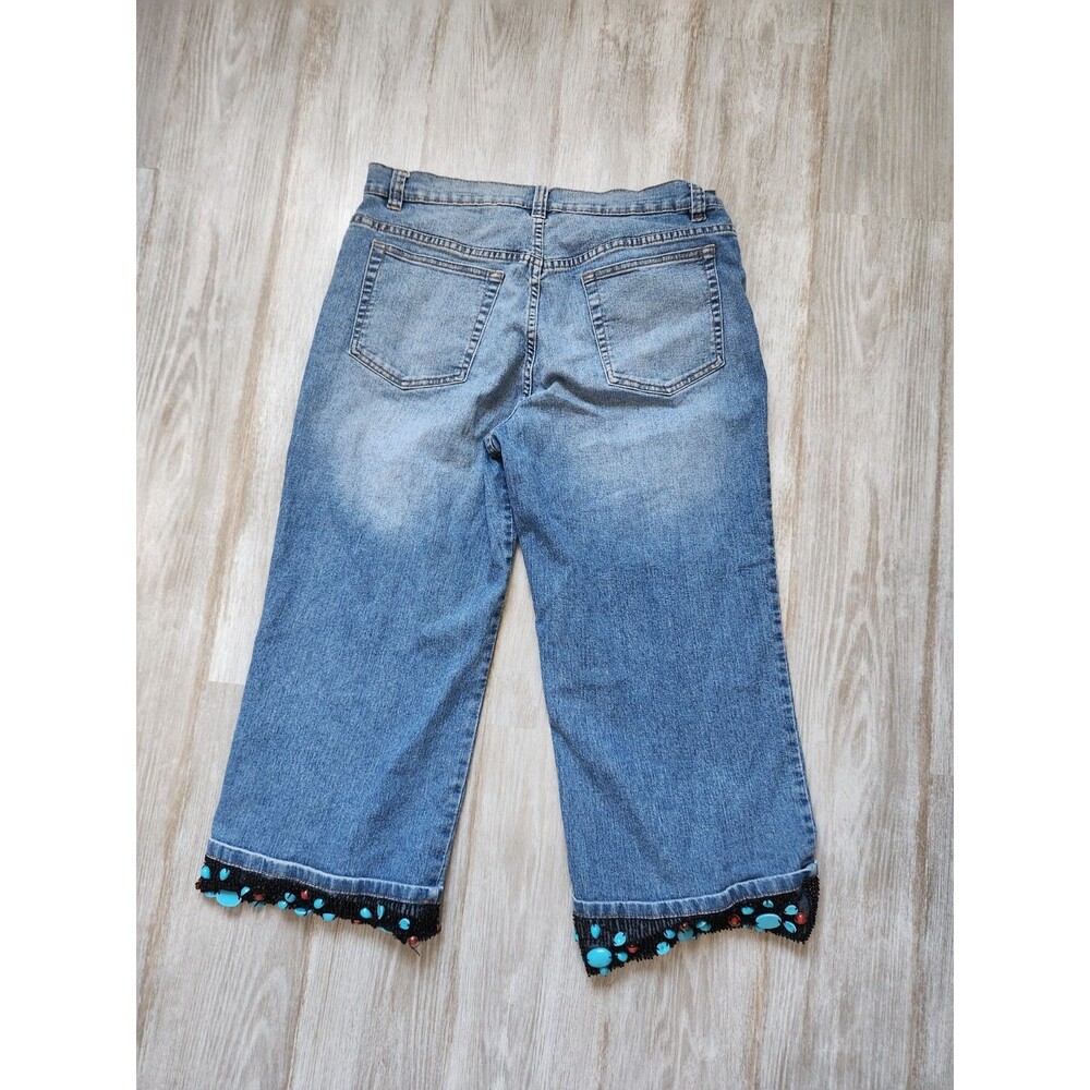 V Cristina High Rise Med Wash Beaded Capri Jeans Boho Petite Womens P12 GUC - Picture 9 of 11
